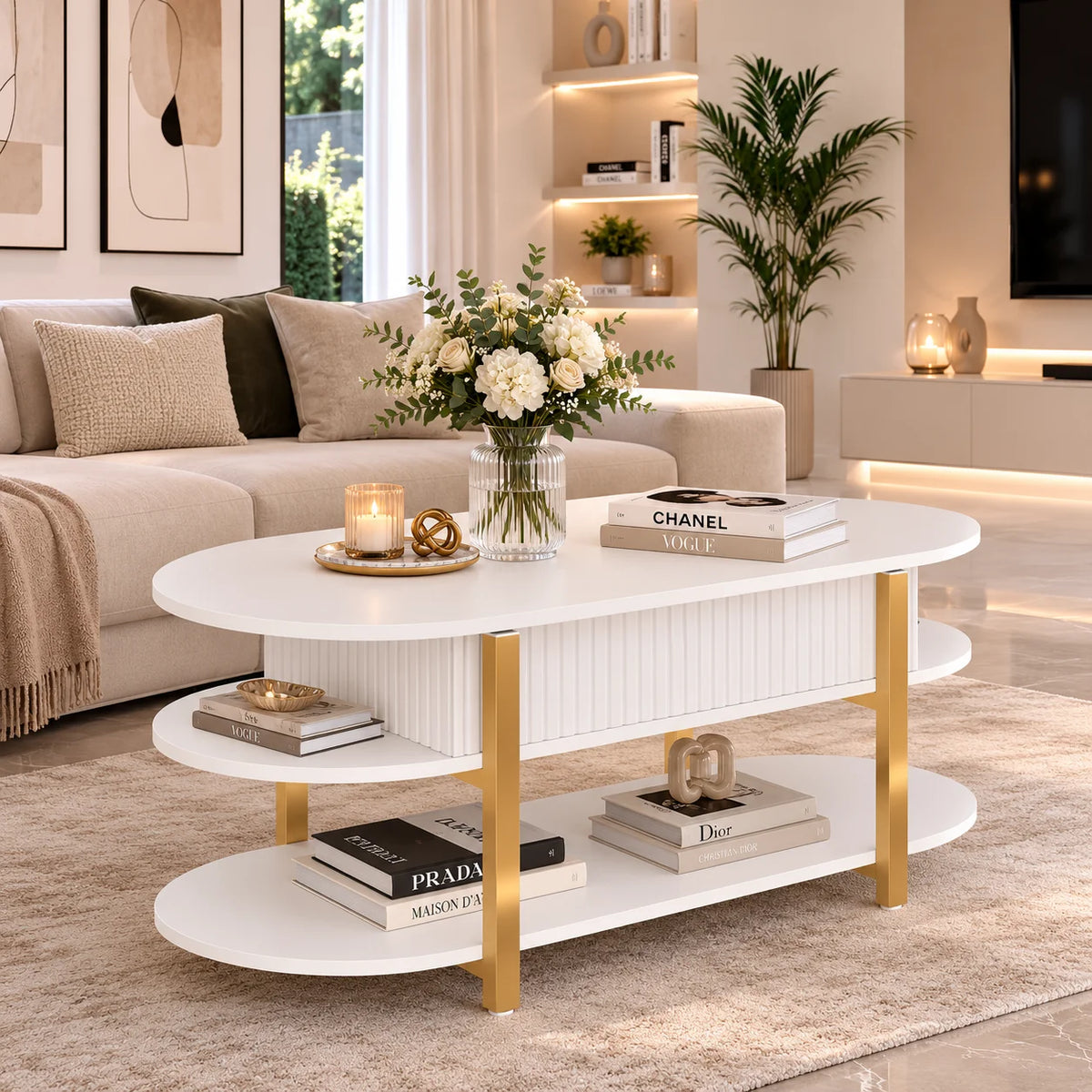 Table basse relevable blanche ovale 106 cm et métal doré