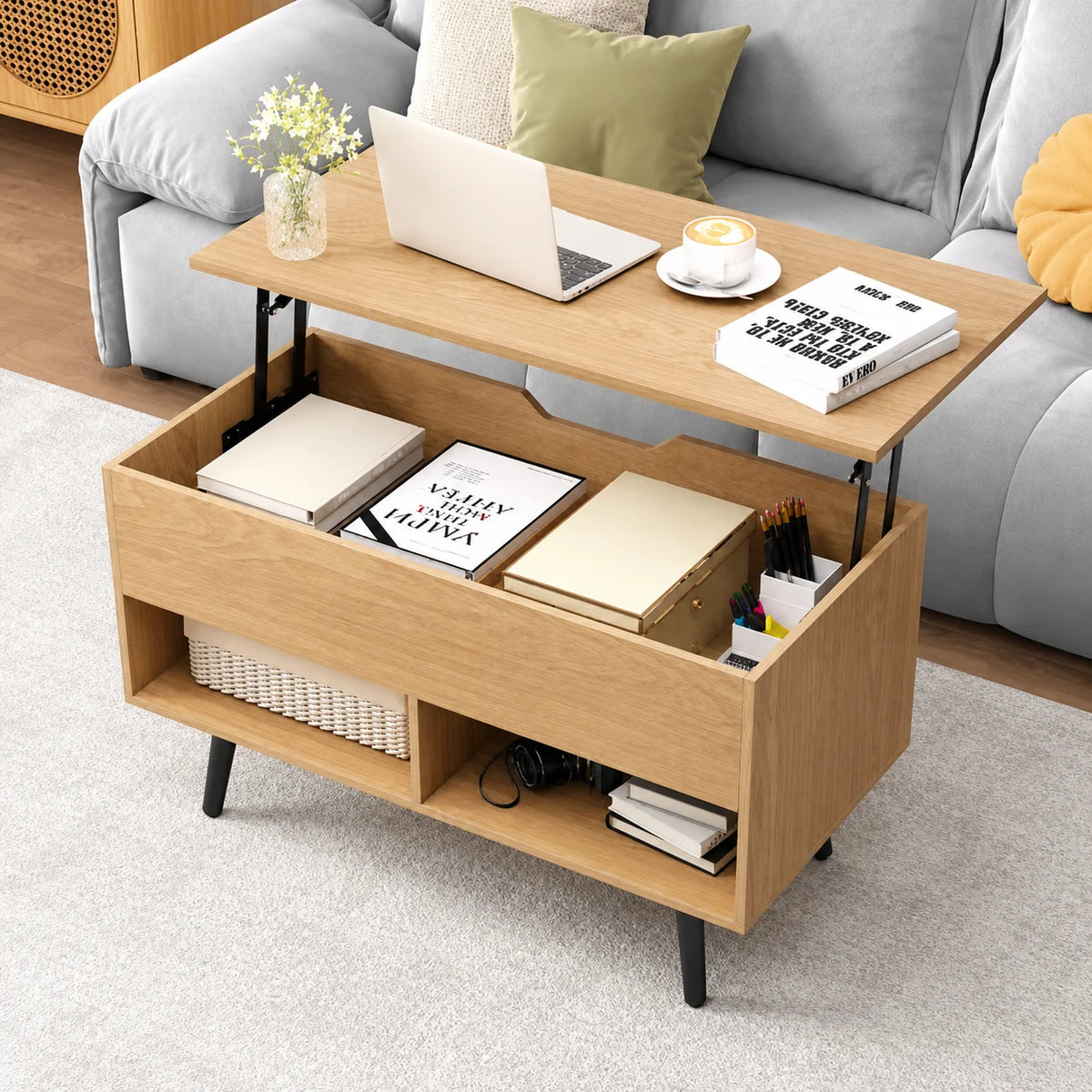 Table basse relevable bois clair 80 cm avec rangement caché
