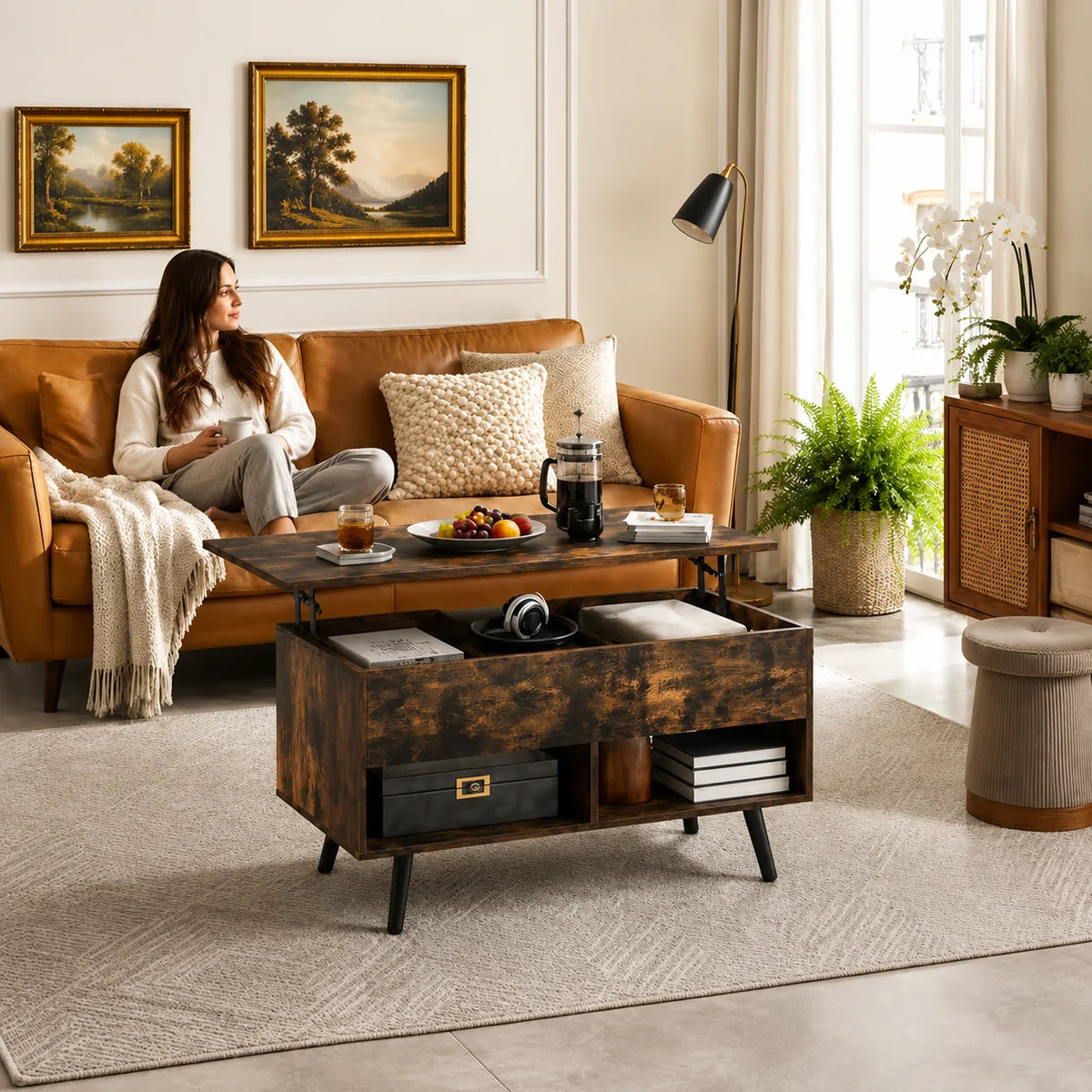 Table basse relevable bois foncé avec compartiment caché