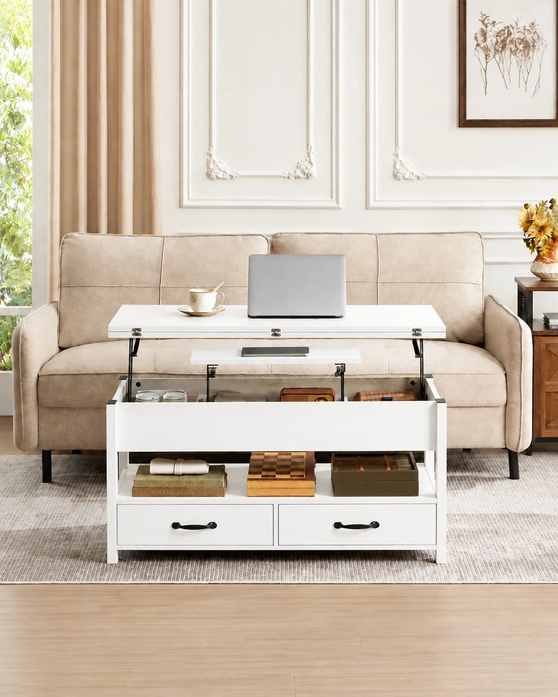 Table basse relevable double plateau blanche 100 cm