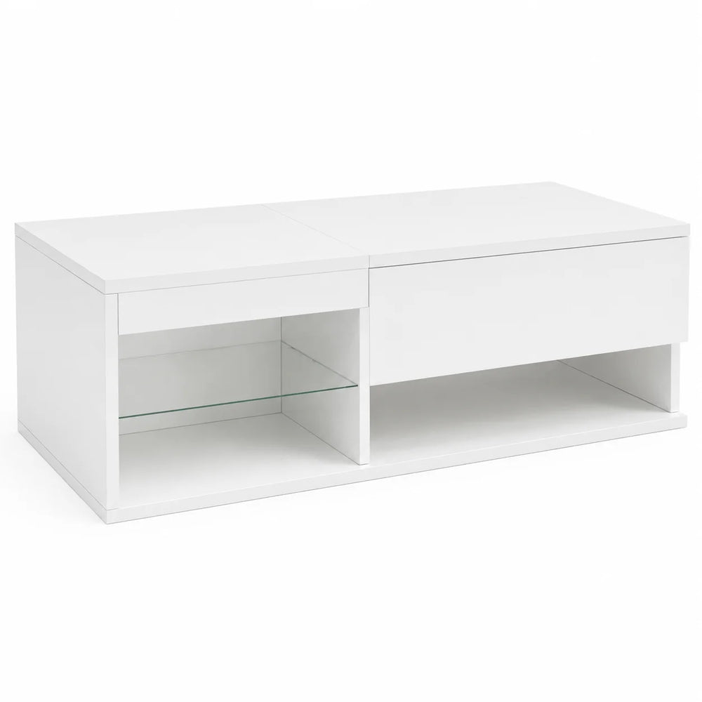 Table basse relevable led blanche avec vitrine et tiroir