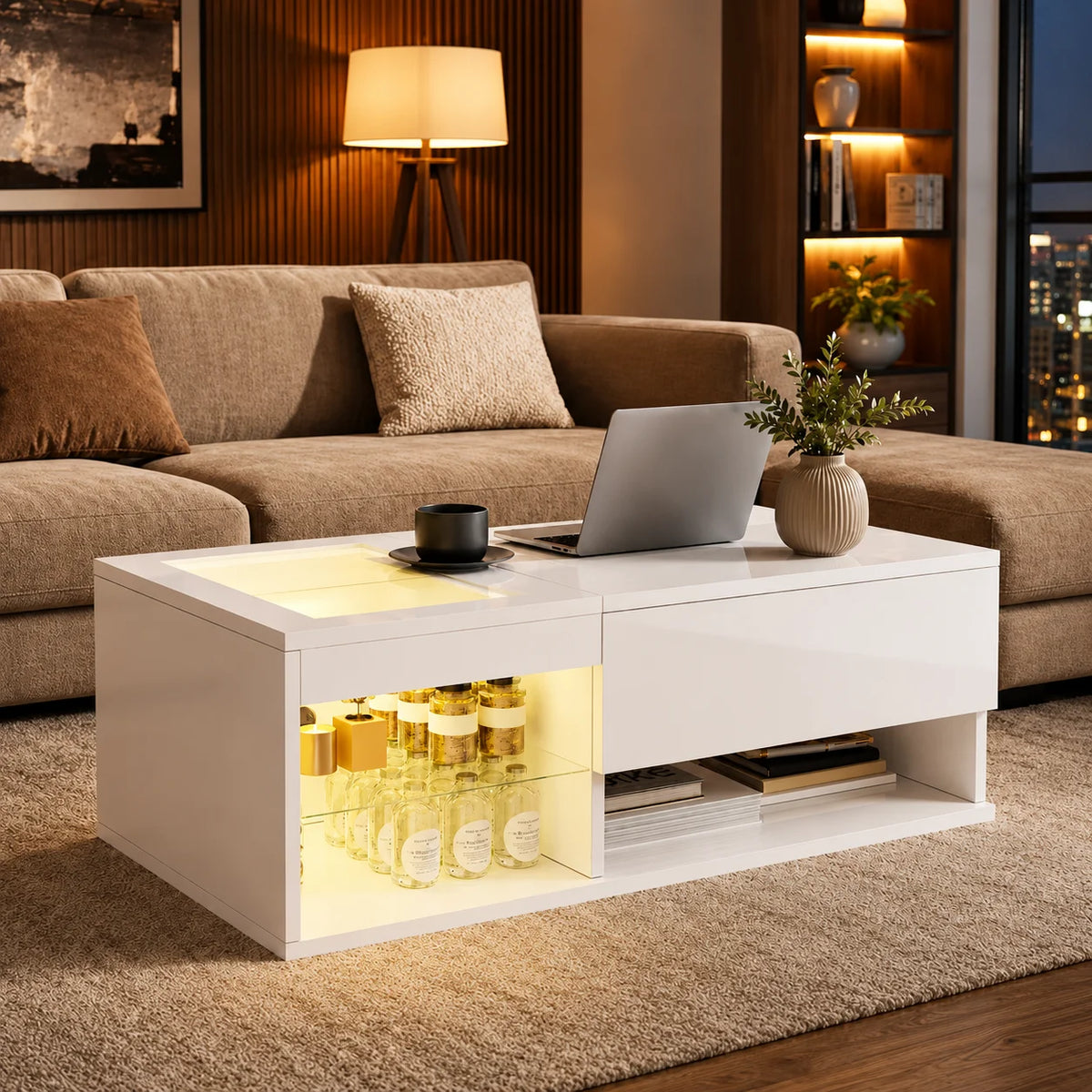 Table basse relevable led blanche avec vitrine et tiroir