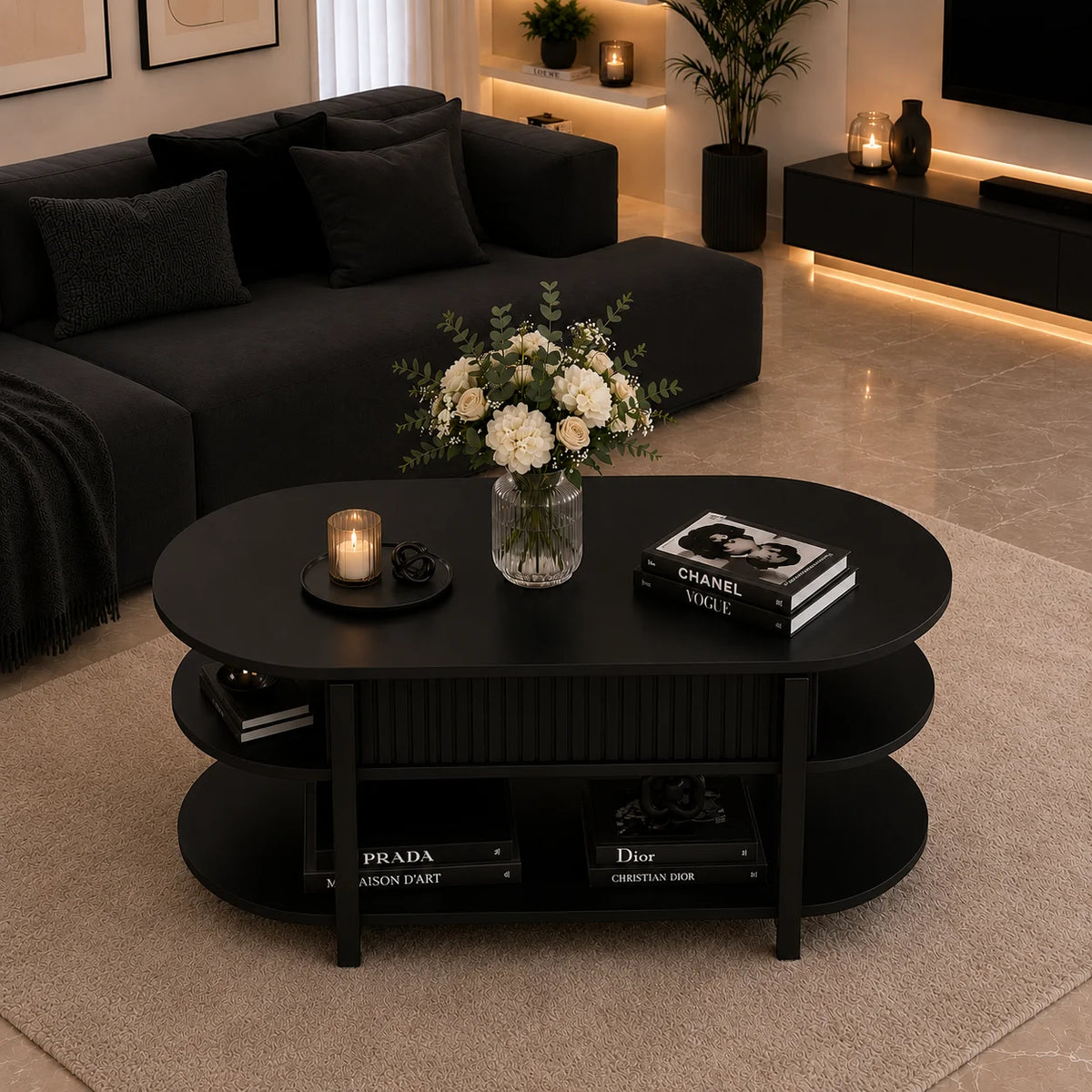 Table basse relevable ovale noire 106 cm avec rangement