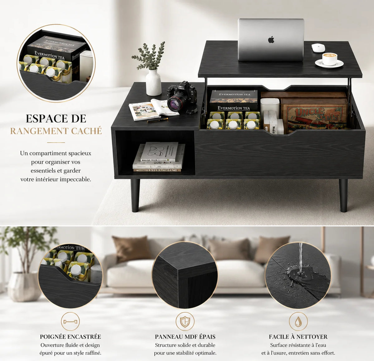 Table basse relevable rectangulaire 100 cm avec niche