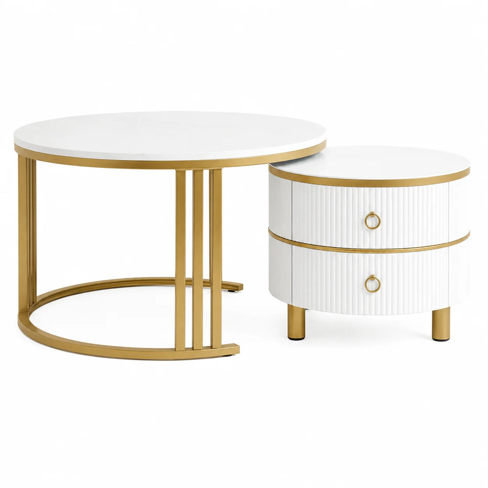 Table basse ronde avec tiroir de rangement blanche et dorée 70 cm