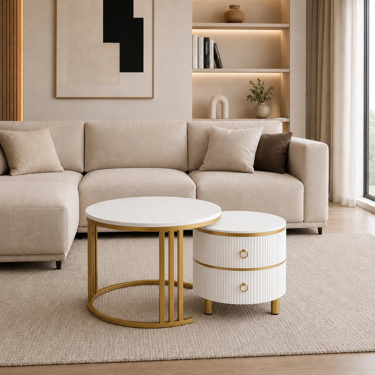 Table basse ronde avec tiroir de rangement blanche et dorée 70 cm