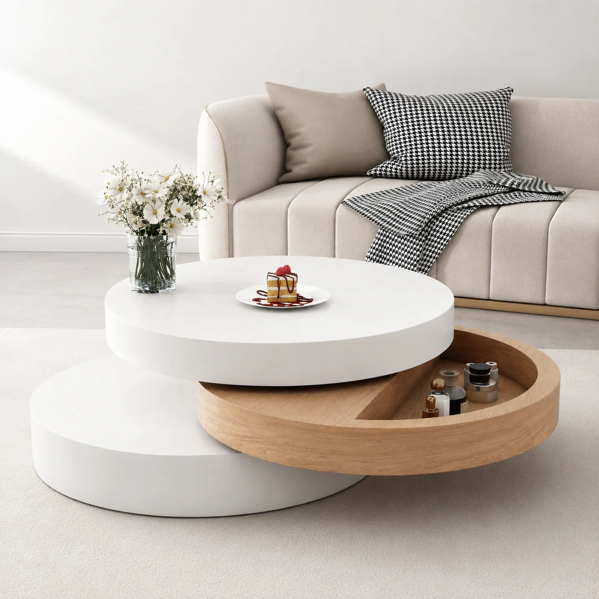 Table basse ronde blanche avec rangement Ø 60 cm pivotante