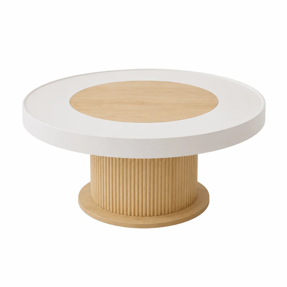Table basse ronde bois et blanc Ø 75 cm pied rainuré