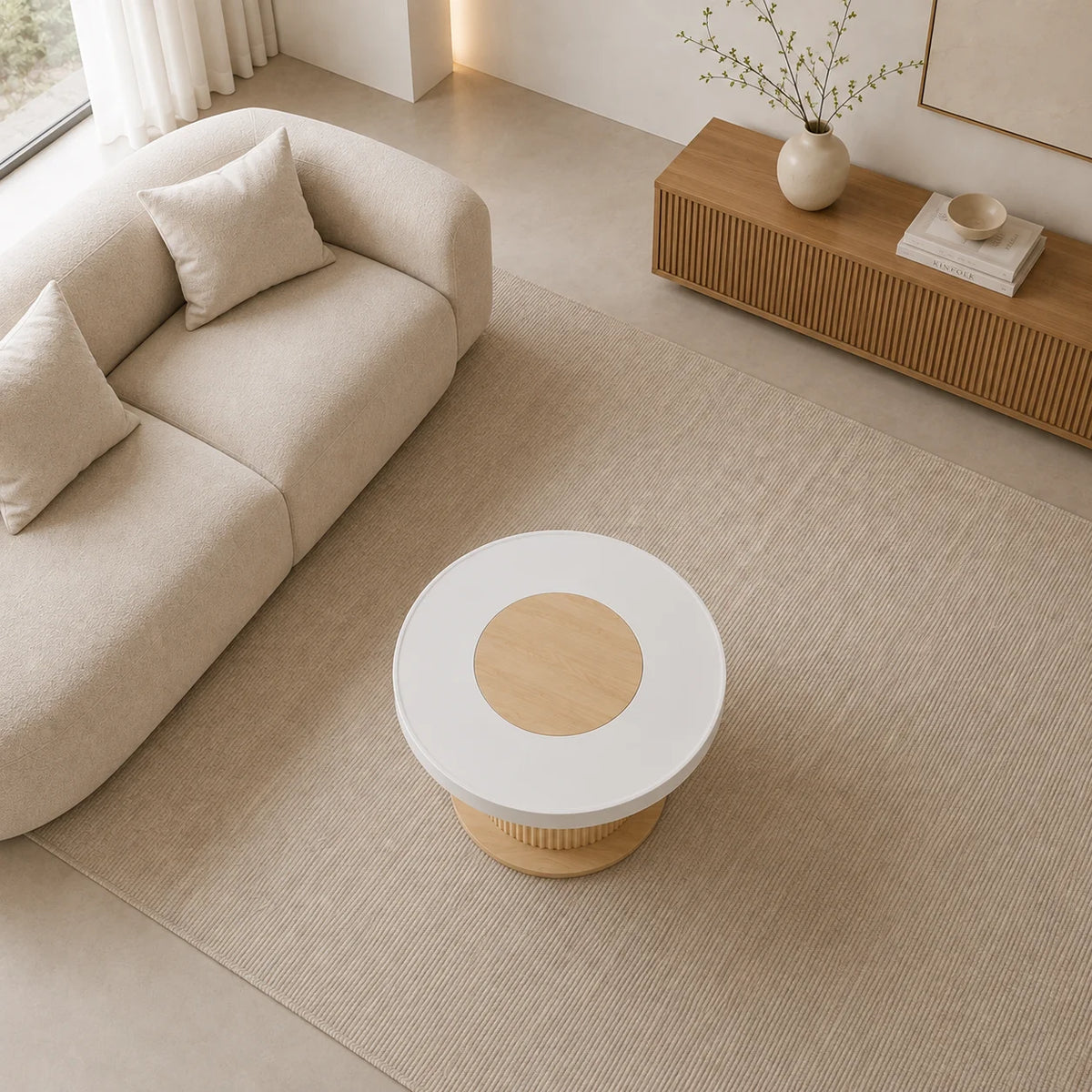 Table basse ronde bois et blanc Ø 75 cm pied rainuré