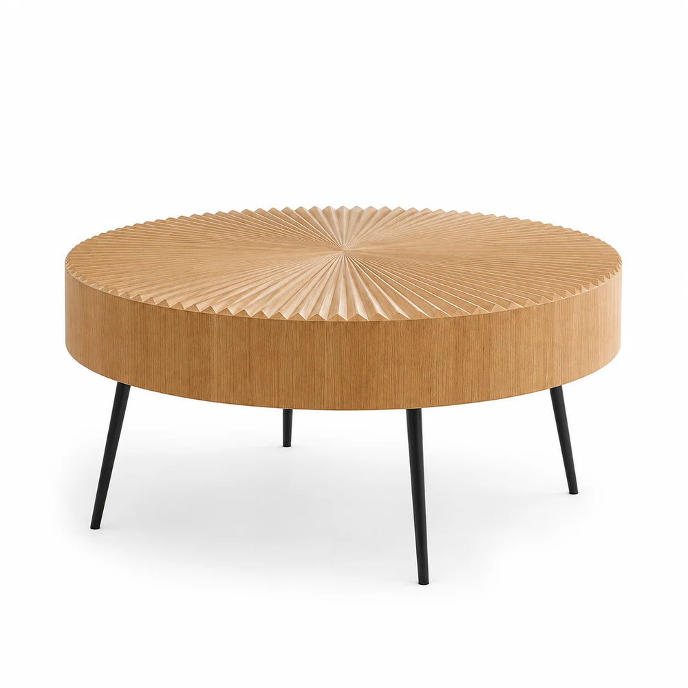 Table basse ronde bois et métal Ø 60 cm plateau rayonnant