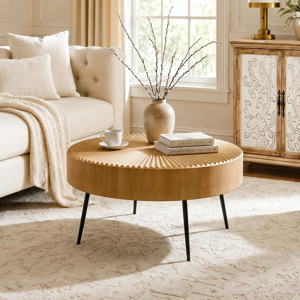 Table basse ronde bois et métal Ø 60 cm plateau rayonnant