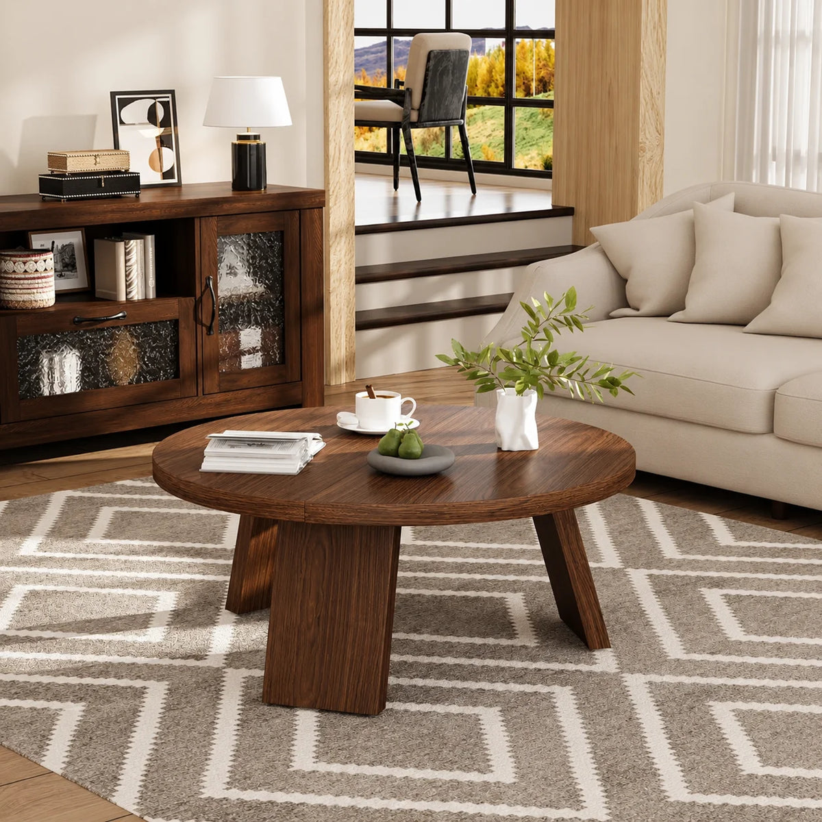 Table basse ronde bois foncé 85 cm à trois pieds