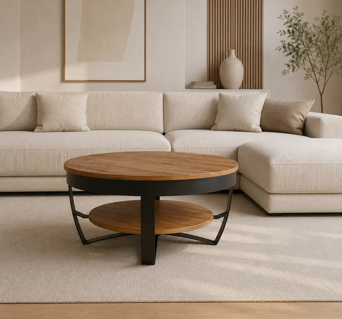 Table basse ronde bois massif acacia 65 cm et métal noir