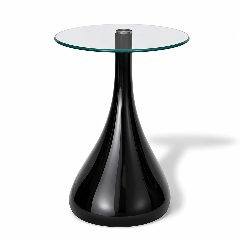 Table basse ronde noire 42 cm, plateau verre et base laquée