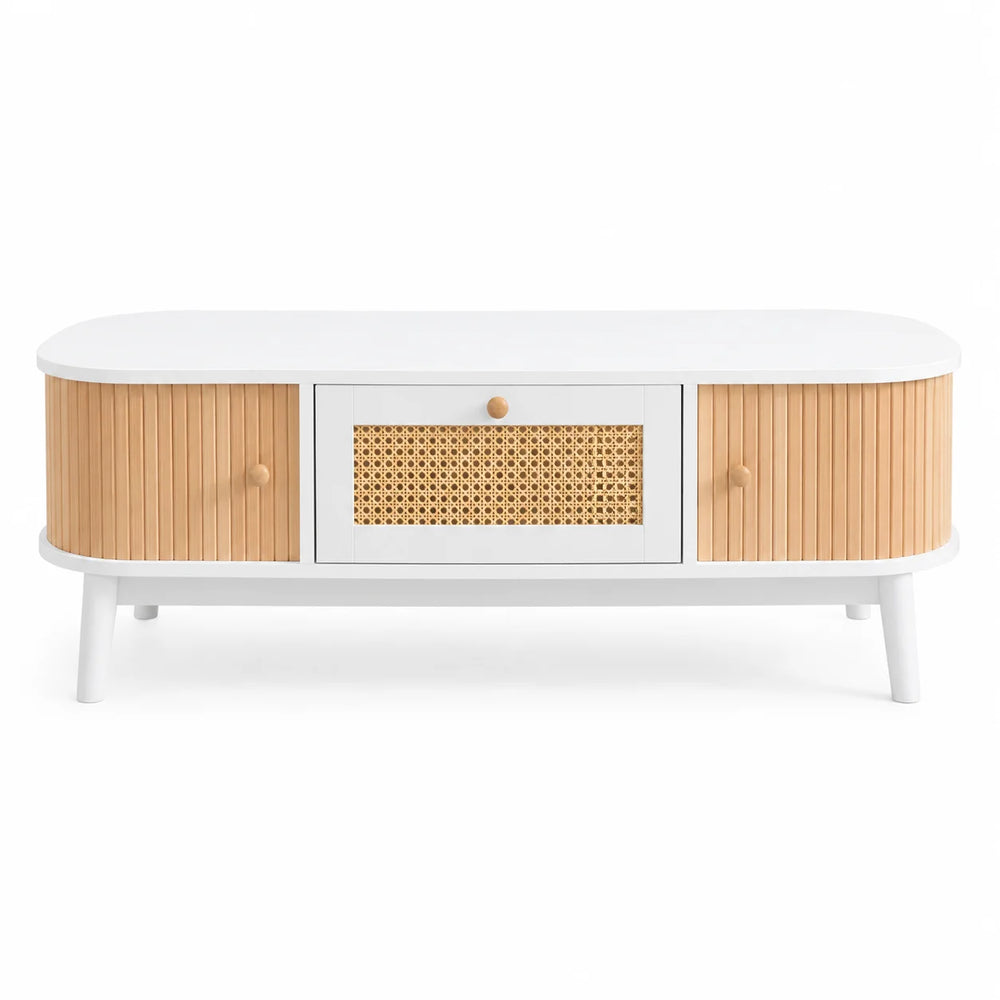 Table basse rotin et bois blanc 110 cm avec rangement