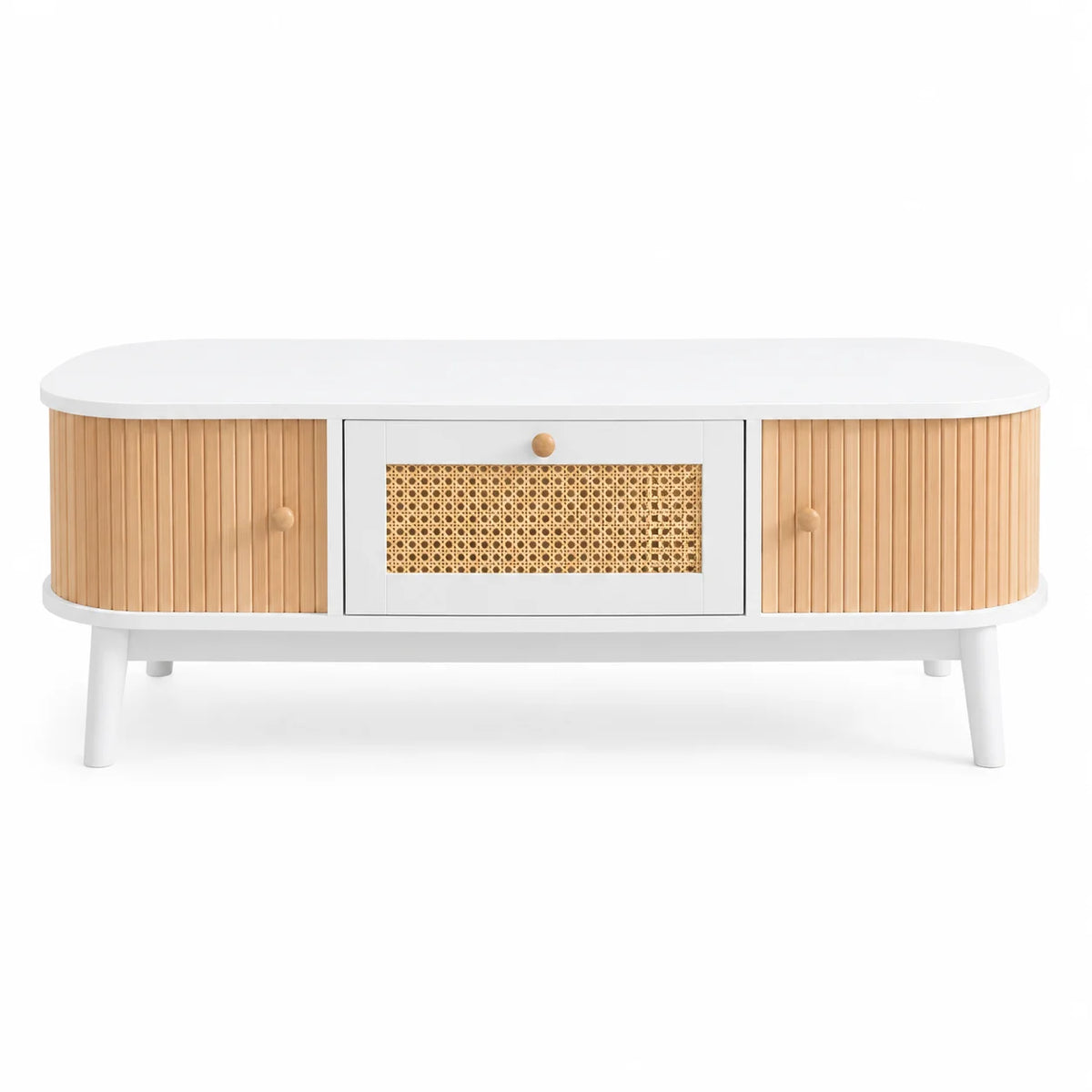 Table basse rotin et bois blanc