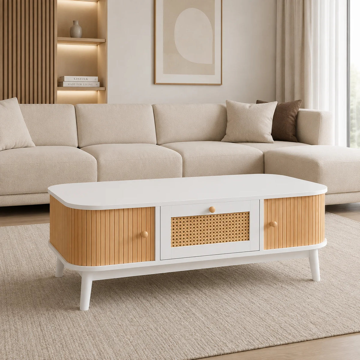 Table basse rotin et bois blanc 110 cm avec rangement